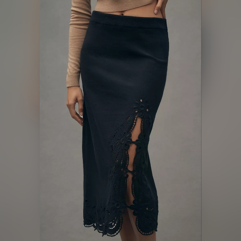 Anthropologie Eyelet-Trim Knit Slim Midi Skirt